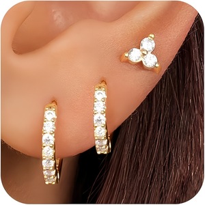 Ensemble de boucles d'oreilles empilables en cristal de cuivre, multi-percings, créoles huggie, clous d'oreilles à trois pierres, bijoux superposés pour femme, cadeau quotidien - Product Image 2