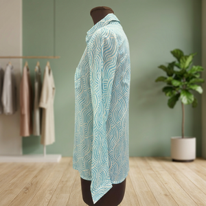 Camisa de Popelina para Mujer, Azul Claro, Estampado Geométrico, Transpirable, Estilo Vintage, Casual, con Botones, Manga Larga, 100% Algodón, para Todas las Temporadas, Corte Regular - Product Image 3