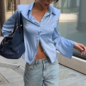 Camisa de Satén para Mujer, con Botones, Manga Larga, Cuello Camisero, Corte Entallado, Elegante, para Oficina, Casual, Primavera y Otoño - Product Image 5