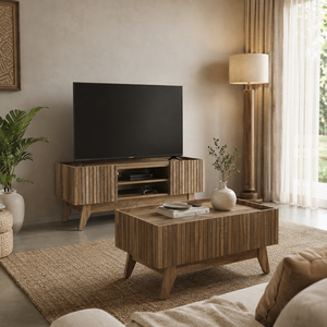 Table basse moderne en chêne Canyon avec accent en pierre pour salon - Product Image 3