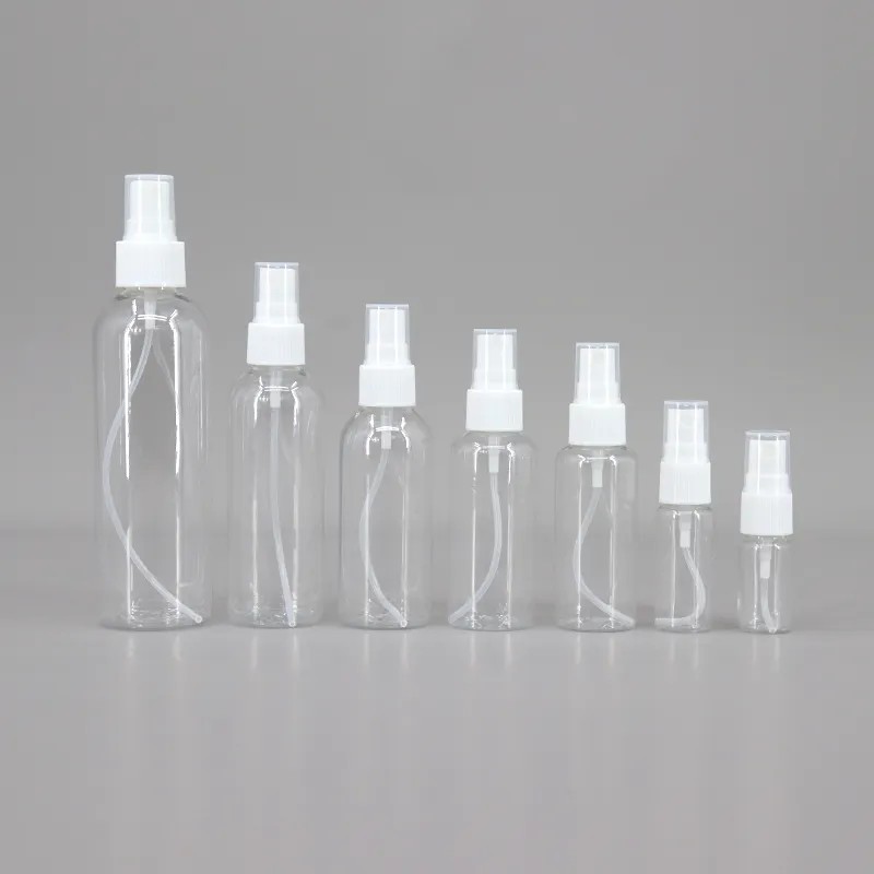 5ml 10ml 30ml 50ml 60ml 100ml boş küçük şeffaf PET 4oz sprey şişesi yüz sis şeffaf plastik kloroform sprey şişesi