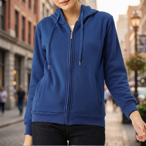 Sudadera con capucha azul para mujer, 100% algodón, tejido de punto, manga larga, color liso, transpirable, estilo urbano, forro bordado, para otoño - Product Image 1