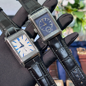 Luxury Rose Gold Reversible Rectangular <b>Watch</b> Silver Dial with Dual Time Zone and Black Leather Strap - Product Image 4