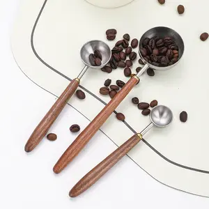 Long Handle Stainless Steel Measuring Spoon, Coffee Tea Spice Powder Baking Measuring Scoop with Wood Handle