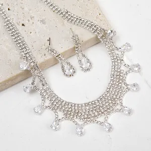 China Suppliers Fashion Bridal Drop Earring Double Row Silver Rhinestone Necklace Zircon Jewelry Set For Woman Luxury 2022