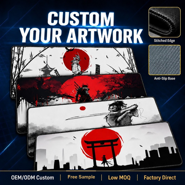 Watercolor Japanese Samurai Bushido Gaming Mouse Pad XL Non Slip Rubber Base Mousepad, Stitched Edges Desk Pad 80x30cm