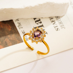 Bague ouverte en forme de fleur, zircon violet, plaqué or 18 carats, bijoux pour femmes, cadeau - Product Image 1