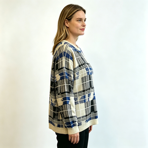 Pull en tricot pour femme, style pull-over à col rond et manches longues, motif écossais teint par pulvérisation, style tricot torsadé, pour un usage décontracté - Product Image 2
