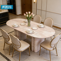 Table à manger de style luxueux en marbre rose, 6 places, avec base en marbre pour villa, appartement, hôtel, salle à manger