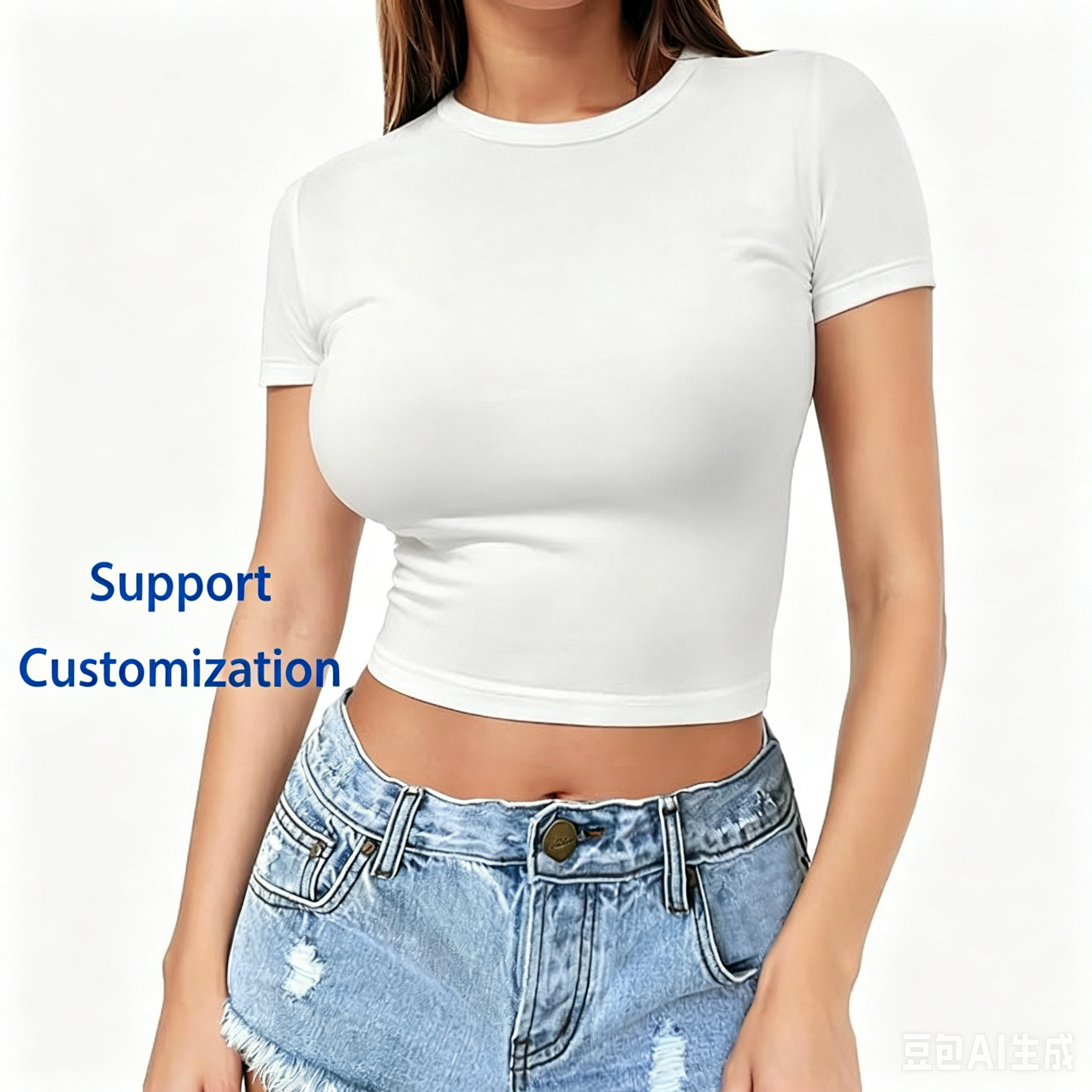 Wholesale Support Custom Women's O-Neck Short Sleeve Crop Top - Slim Fit Breathable Casual White T-Shirt for Streetwear/Yoga