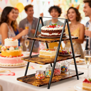 Three Tier Iron Wood <b>Desktop</b> <b>Shelf</b> 3 Floors Storage For Desserts Fruit Snacks Party Table Display - Product Image 1