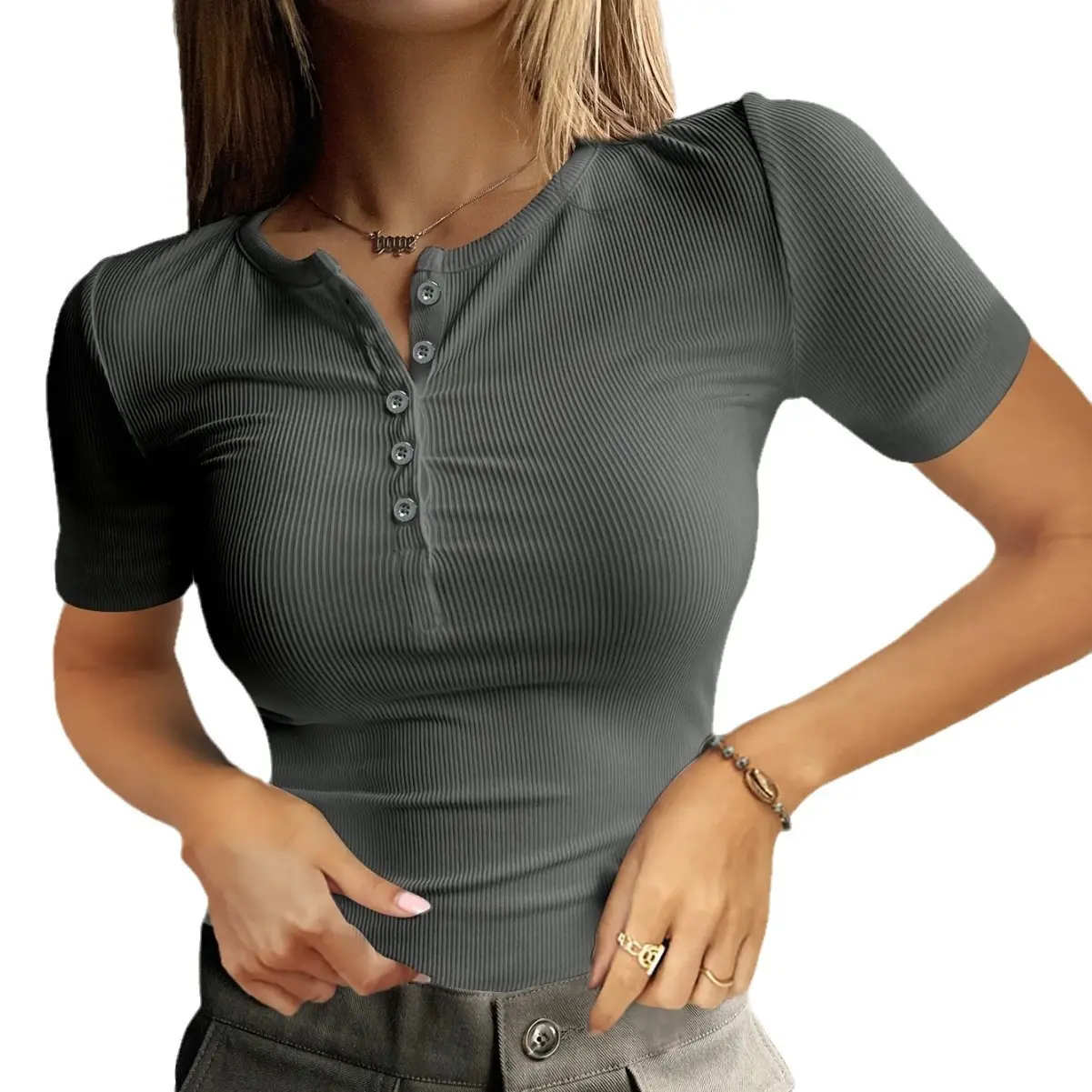 Top acanalado de verano para mujer, Camiseta ajustada con logotipo personalizado para mujer, camiseta informal de punto con botón para mujer