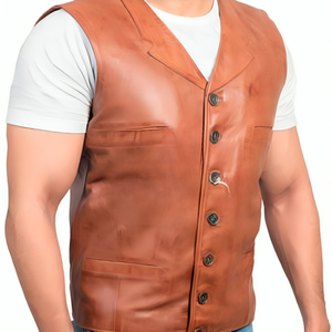 Chaleco de Cuero Genuino Marrón para Hombre |   Chaleco Clásico para Motociclistas |   Chaleco Ajustado - Product Image 3