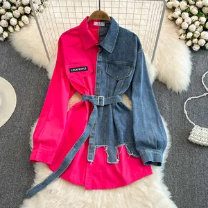 New Arrival Fashion Asymmetric Long Sleeve Women Denim Cowboy Shirt Plus Size Women'S Blouses