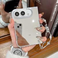 Étui de téléphone transparent de luxe avec miroir, sangle à chaîne perlée, miroir de maquillage, coque arrière transparente, étui de protection pour iPhone Duo Fold