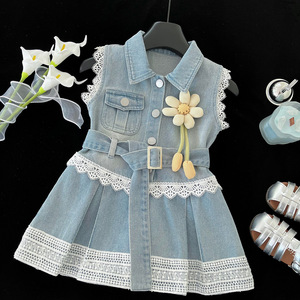 Nuovo Vestito Primaverile ed Estivo 2025 per Bambina in Stile Coreano, in Cotone Denim con Inserti in Pizzo, Modellante, per Età 3-8 Anni - Product Image 4