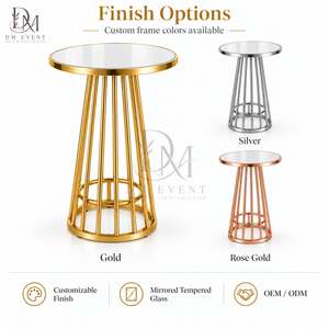 Custom Gold <b>Stainless</b> <b>Steel</b> Round Tapered Rod Cocktail <b>Table</b> with Mirrored Tempered Glass Top for Wedding Banquets - Product Image 4