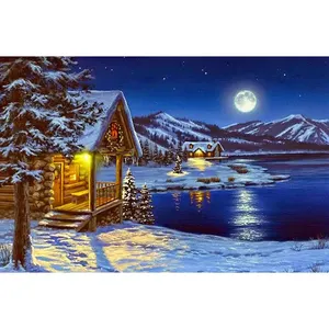 厂家直销月亮倒影美丽夜雪风景5D DIY水晶钻石画