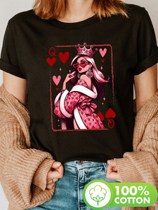 T-shirt da donna Queen Of Hearts Playing Card, manica corta, girocollo, casual, primavera estate, top in jersey di cotone con motivo a cuori - Product Image 3
