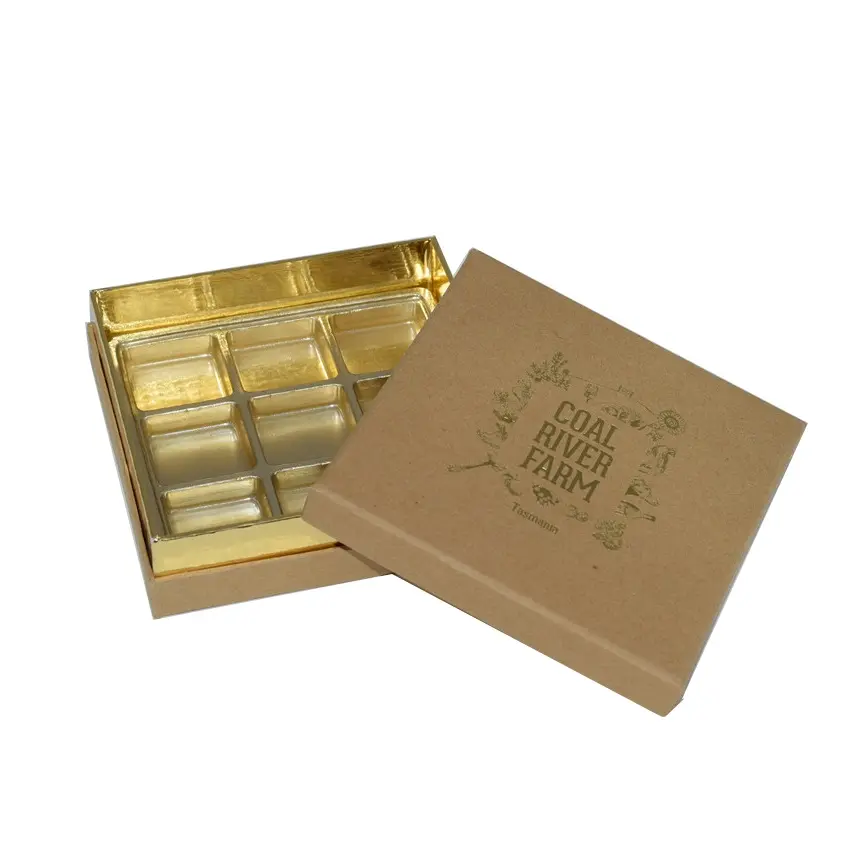 Коричневая Картонная Коробка для шоколада 9 дюймов из крафт-бумаги с подносом из пищевого пластика, Высококачественная коробка для шоколада черная, Золотая фольга