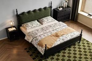 Premium <b>Queen</b> <b>Size</b> Black Wood Spindle <b>Bed</b> With Green Velvet Scalloped Headboard For Bedroom - Product Image 2