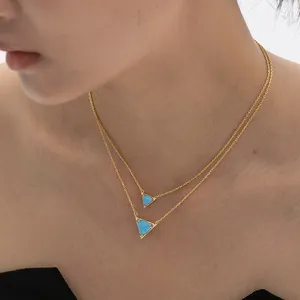 YILUN 925 Sterling Silver Double Layered Triangle Blue Opal Necklace High Quality Gold Plated Minimalist Necklace For Women