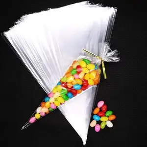 Hình nón giấy bóng kính Túi rõ ràng hình nón điều trị túi với Twist quan hệ nhựa hình nón tam giác túi cho bỏng ngô ủng hộ kẹo