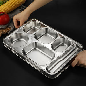 <span class=keywords><strong>Plateau</strong></span> alimentaire divisé en acier inoxydable 304 avec couvercle 4 5 6 compartiments Assiette à dîner rectangulaire pour cantine à usage scolaire - Product Image 3