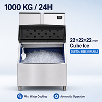 Machine à glaçons cubiques commerciale 1000 kg/24h pour les entreprises, refroidissement automatique par air ou par eau