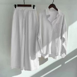 Completo <span class=keywords><strong>Donna</strong></span> Primavera Autunno: <span class=keywords><strong>Pantaloni</strong></span> a Vita Alta Larghi in Cotone <span class=keywords><strong>Lino</strong></span> e Camicia, Stile Retrò, Taglie Forti - Product Image 4