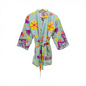 Veste courte en coton Suzani pour femme, col montant, tissée à la main, broderie florale, design écologique, nouvelle collection - Product Image 1