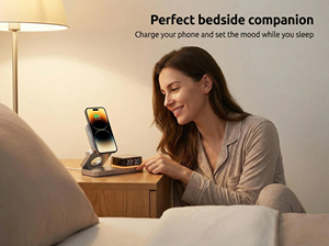 Estación de Carga Inalámbrica Magnética Plegable con Reloj Despertador Digital y Luz Nocturna Ambiental RGB, <span class=keywords><strong>Cargador</strong></span> Rápido de 15W <span class=keywords><strong>para</strong></span> Reloj y AirPods - Product Image 5
