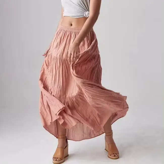 FY 2024 Custom Bohemian Women modest skirts Summer Casual Plain A-line Tiered Maxi Long Skirt for Women elegant