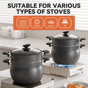 Batterie de cuisine antiadhésive en aluminium pressé, compatible induction, avec revêtement marbré, comprenant marmite à soupe, couscoussier, cuiseur vapeur et <span class=keywords><strong>cocotte</strong></span>, avec couvercle en verre - Product Image 6