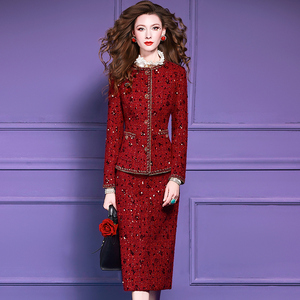 FMY Set Elegante con Paillettes Rosse per Donna, Autunno e Inverno, Stile Ricco e Nobile, Cappotto di Lana, Gonna Aderente, 67152 - Product Image 1