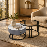 Precio Mayorista Directo: Juego de Mesa de Centro Compacta para Sala de Estar con Panel de Vidrio, Diseño Minimalista Mate, Doble Redondo, con Dos Niveles y Cajones Separados