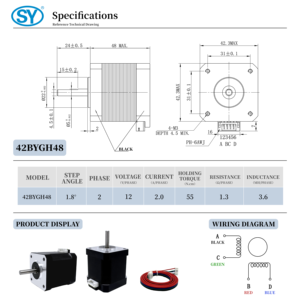 12V Nema 17 42x42x48 55 N.cm lưỡng cực 4 dẫn 500mm dây 42bygh4801 lai động cơ bước - Product Image 3