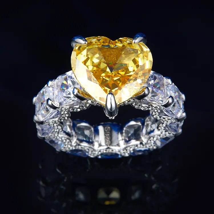 Anpassung Luxus Einstellung Gelb Zirkon Ring Schöne Bling Big Stone Herz Ring