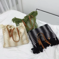 Sac fourre-tout en toile rétro grande capacité avec pompons, sac à main en chanvre tendance pour femme avec franges, impression personnalisée pour promotion de marque