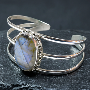 Pure 925 Sterling Silver Blue Fire Labradorite Cuff Bracelet Natural Gemstone Bezel Set Statement Jewelry For Women EverydayWear - Product Image 6