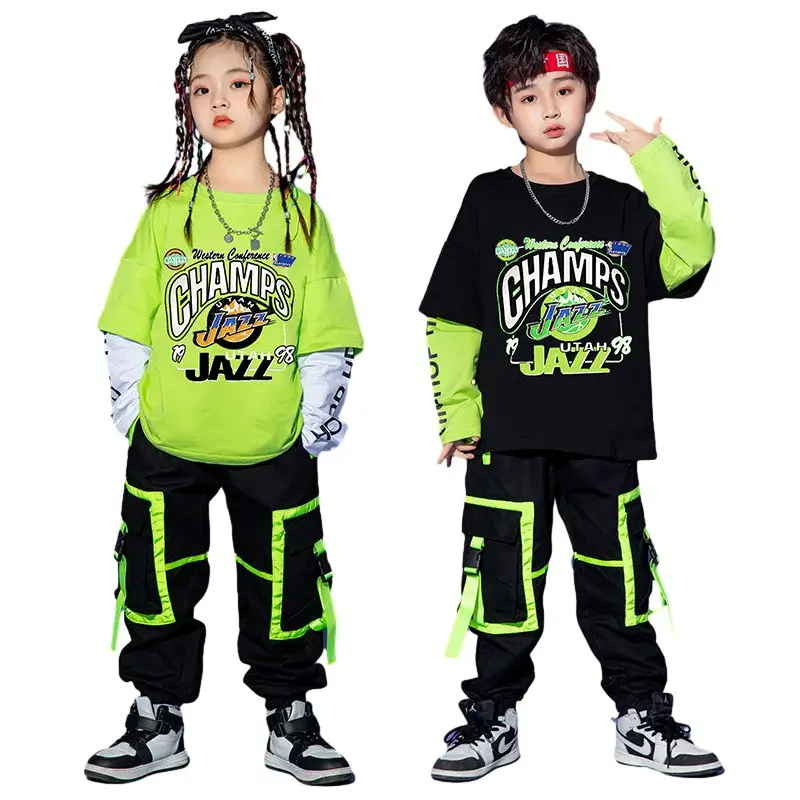 Traje de actuación verde de baile callejero a la moda, Conjunto de camiseta de hip-hop de tendencia de baile de jazz para niña, ropa para niños adolescentes, ropa para niños al por mayor