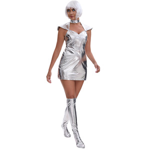 Costume de cosplay d'Halloween pour femme adulte, combinaison spatiale argentée, jupe, couvre-talons, perruque 8115 - Product Image 4