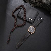 Ensemble de montre décontractée pour homme avec bracelet en cuir à double couche et boîtier carré, perles de prière et portefeuille – Coffret montre 3 pièces