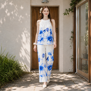 Conjunto <span class=keywords><strong>Blanco</strong></span> Floral para Mujer, Top Halter con Estampado Floral y Pantalones Anchos, Conjunto de Dos Piezas para Verano - Product Image 5