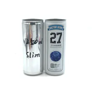 Latas de bebida de soda de café pequeñas delgadas transparentes de 250ml latas de embalaje de refresco de cerveza de bebida de aluminio impresas vacías personalizadas