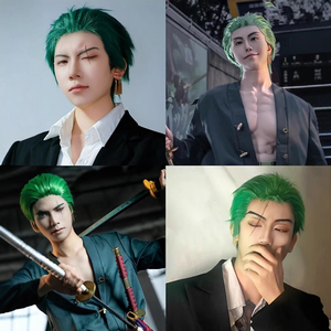 Parrucca da clown Rollo Noah Zorro regolabile all'ingrosso, verde sintetica, per <span class=keywords><strong>cosplay</strong></span> anime, feste di Halloween, resistente al calore, con cappuccio elastico - Product Image 4