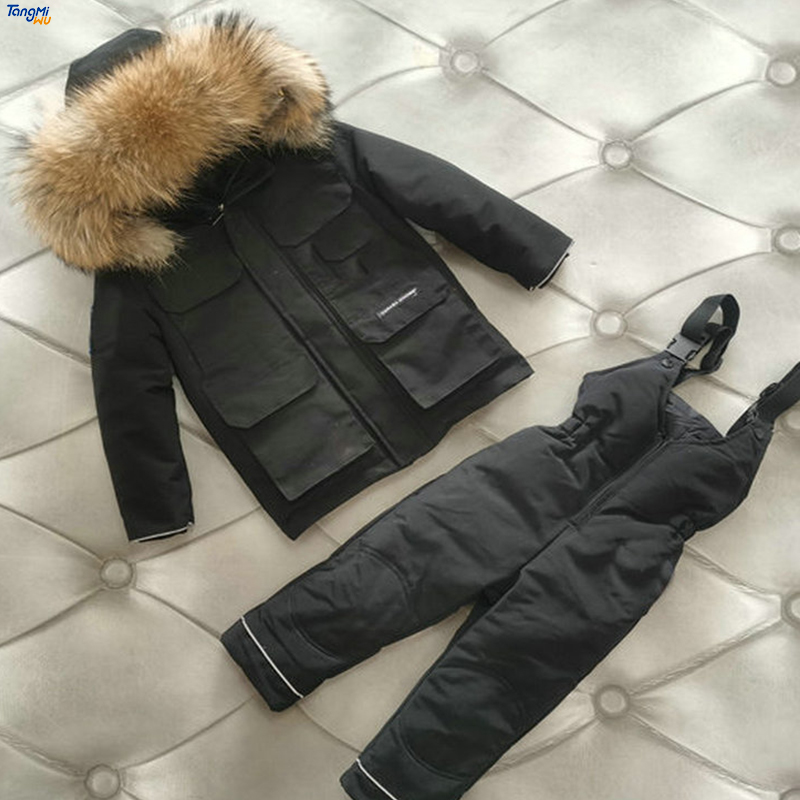TMW wholesale children's winter loose blank down coats combinaison de ski collar hood white eider down stuffed ski set