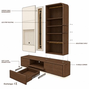 Mobile <span class=keywords><strong>TV</strong></span> con Centro Intrattenimento in Legno E1 da 18mm, Impiallacciatura Noce, LED Integrato e Vano Contenitore per Soggiorno di Lusso, Su Misura - Product Image 3