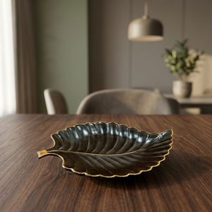 Leaf Shape Ceramic Plate Modern Design Table Decoration Matte <b>Black</b> with Gold <b>Edge</b> - Product Image 1