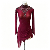 Robe de patinage artistique pour filles, bordeaux, col montant, manches longues, dos ouvert, ornée de strass, jupe asymétrique, pour compétition
